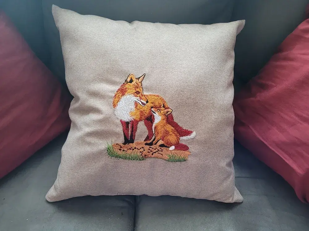 Embroidered Mama and Baby Fox Pillow
